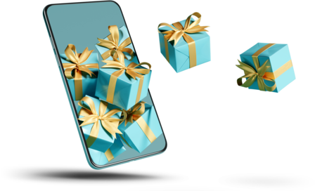 Sinnbildliche Darstellung eines Smartphones mit herausfliegenden Geschenken